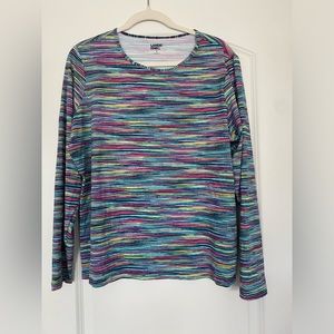 Lands End Women XL Crew Neck Rash Guard Shirt Blue Long Sleeve Swim Sun Top EUC
